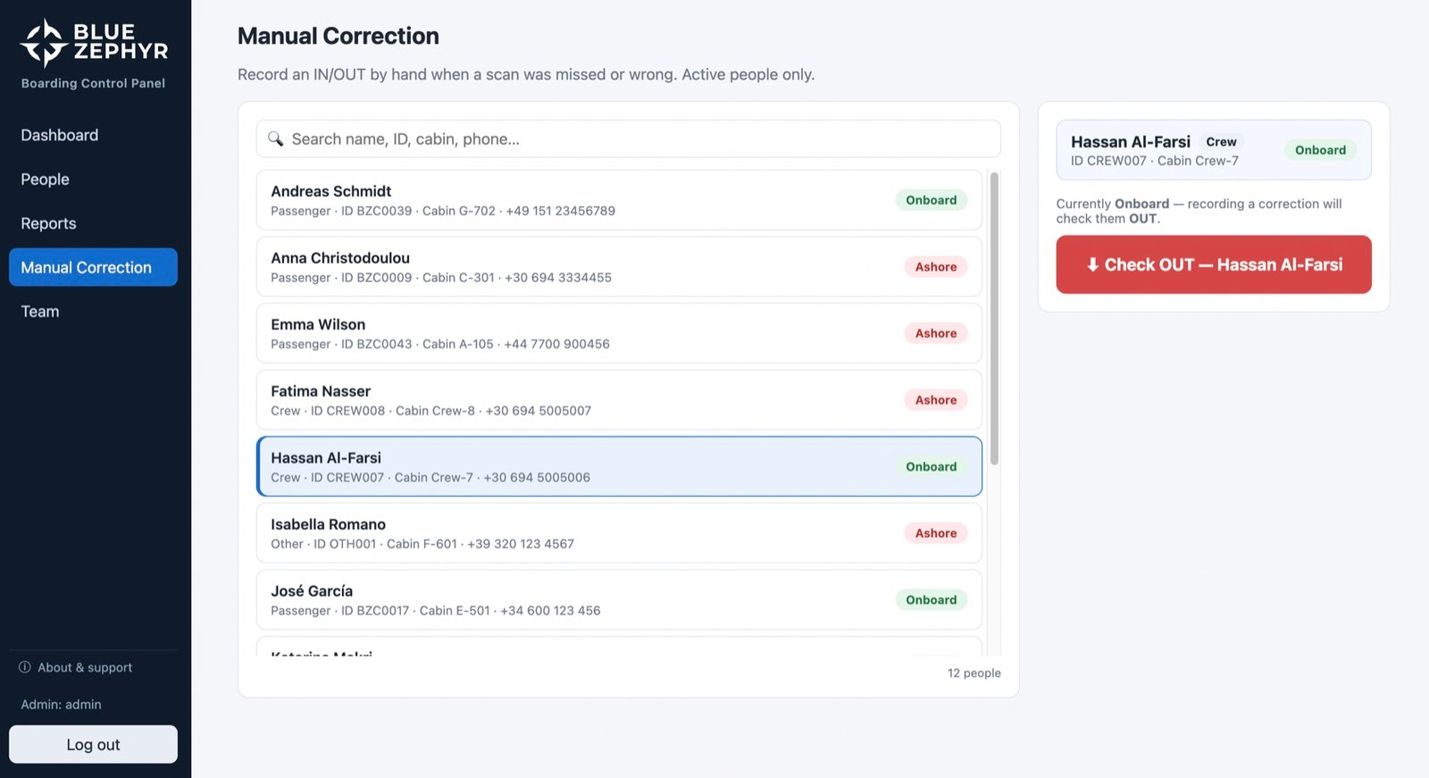 Manual correction: Hassan Al-Farsi is currently on board — recording a correction will check him out, permanently logged