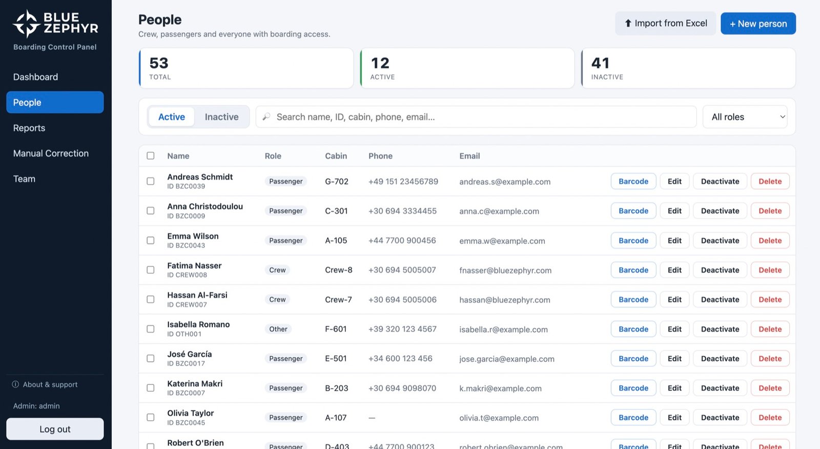 People page: 53 registered, 12 active — searchable table of crew and passengers with roles, cabins, contact details, barcode and edit actions, Excel import