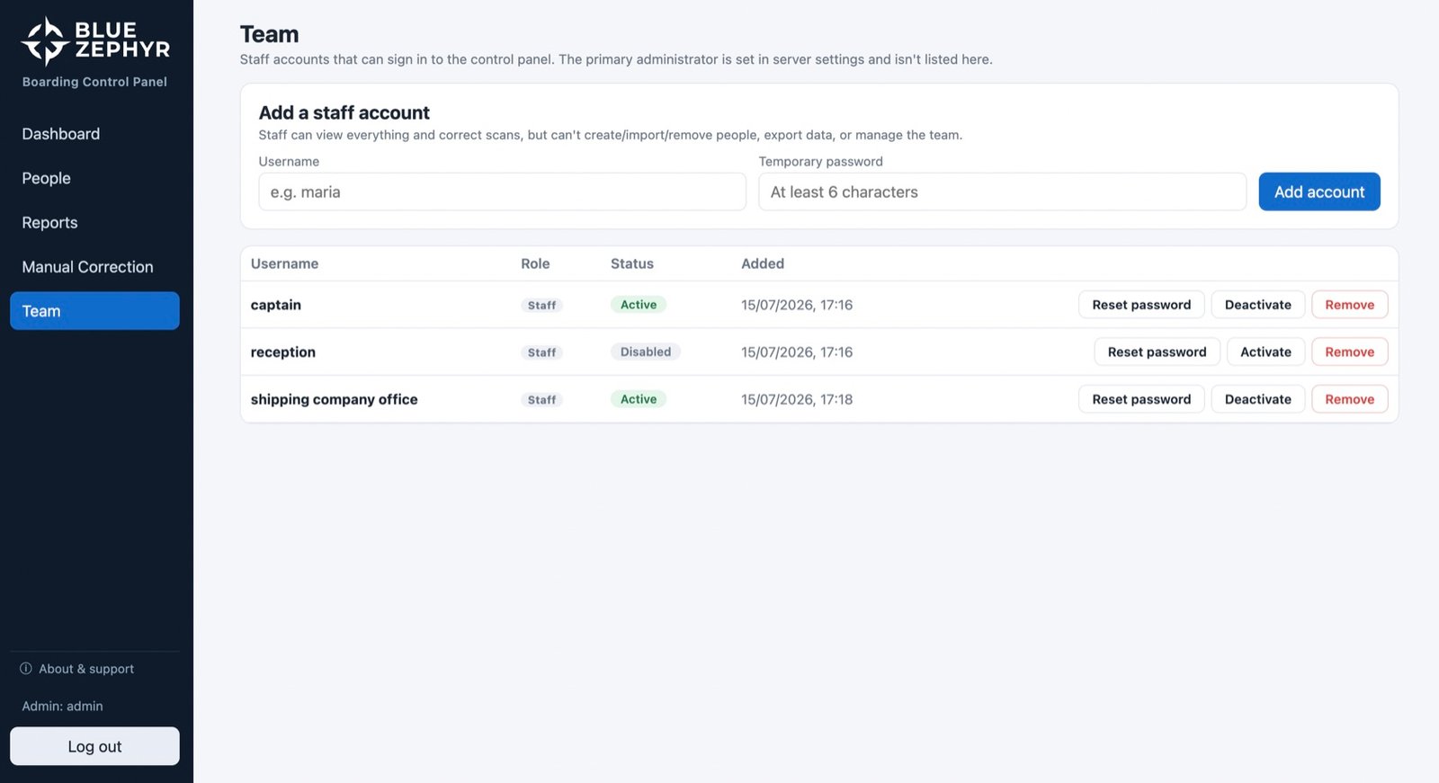 Team page: staff accounts for captain and reception with active or disabled status, password resets, and instant deactivation