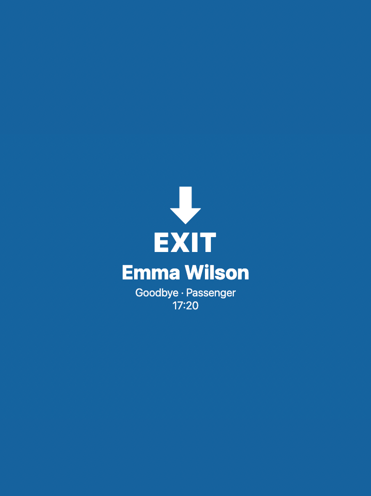 Blue full-screen EXIT confirmation — Emma Wilson, passenger, 17:20