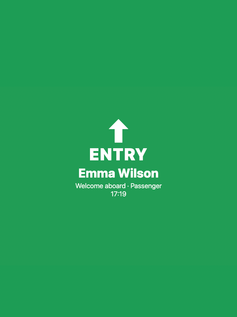 Green full-screen ENTRY confirmation — Emma Wilson, passenger, welcome aboard at 17:19