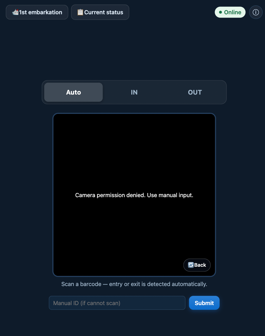 POBoard gangway scanner on a tablet — Auto mode selected, camera reading a barcode boarding pass