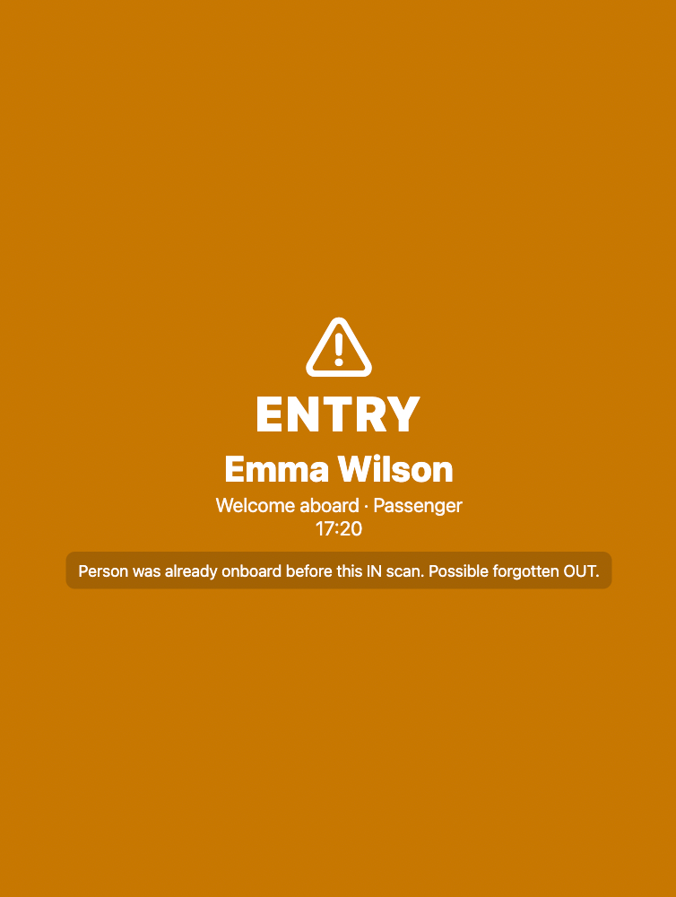 Amber ENTRY screen flagging: person was already on board before this IN scan — possible forgotten OUT